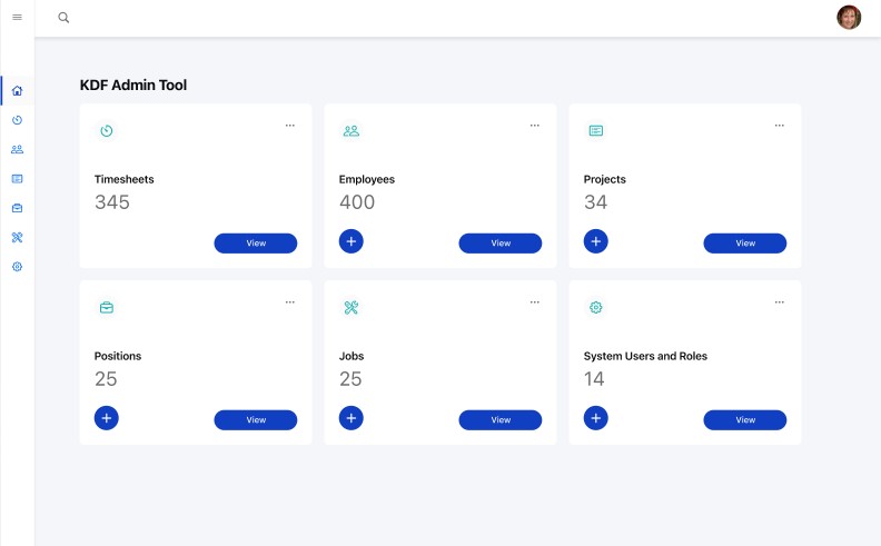 Admin dashboard: timesheets, employees, projects, and jobs at a glance.