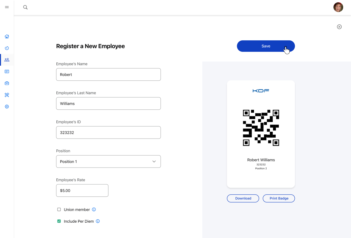 Employee onboarding with auto-generated QR badge for field check-in.